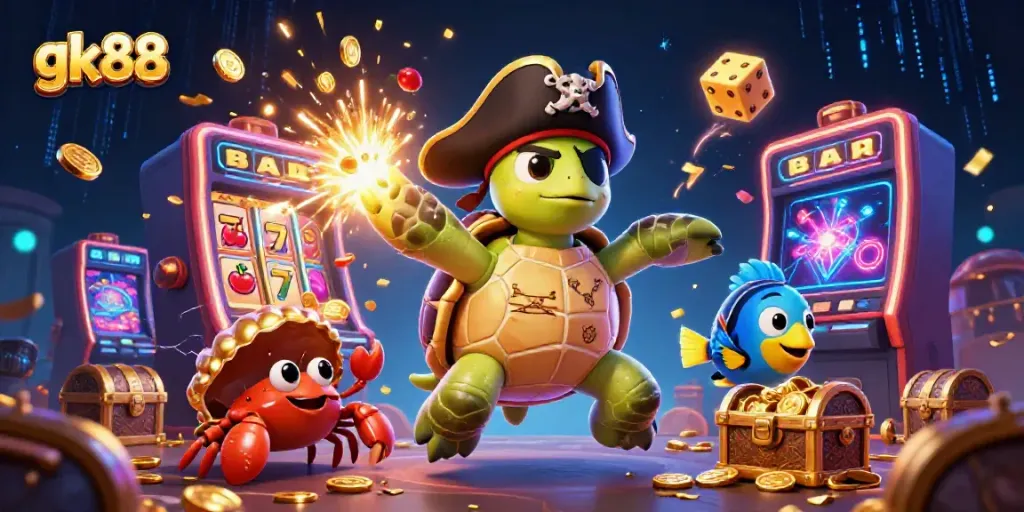 Engage with exhilarating gk88 casino thrills featuring a vibrant 3D turtle, crab, and parrotfish scene.