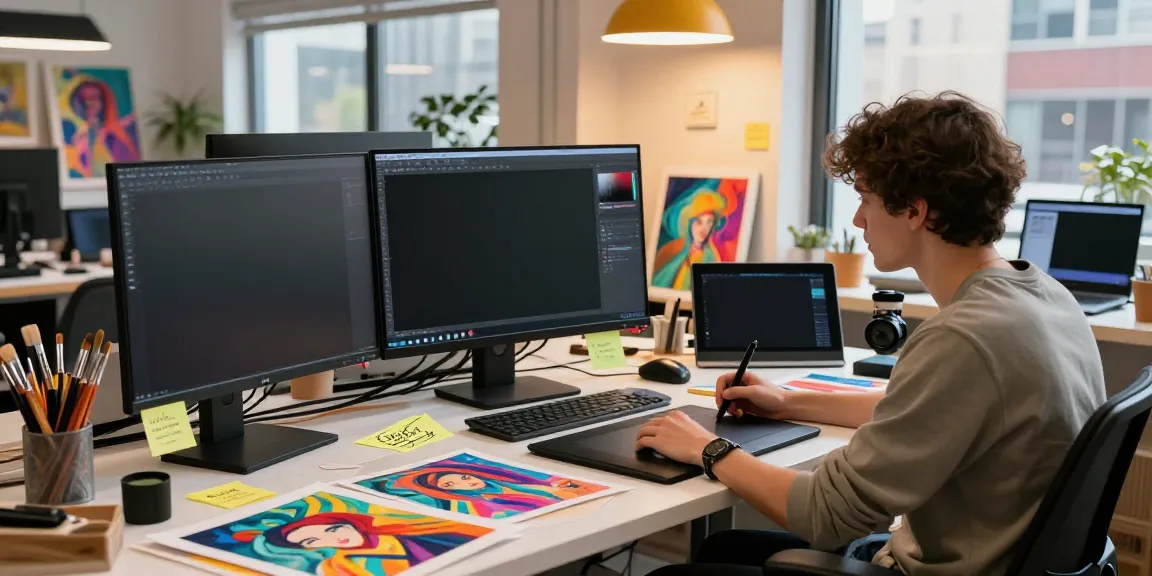 Creative digital artist producing AI porn no filter artwork in a vibrant studio.