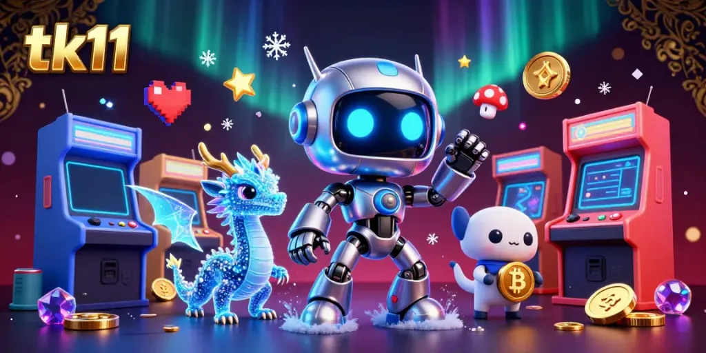 Experience the vibrant world of tk11 casino gaming with an imaginative 3D illustration full of dynamic characters and game elements.