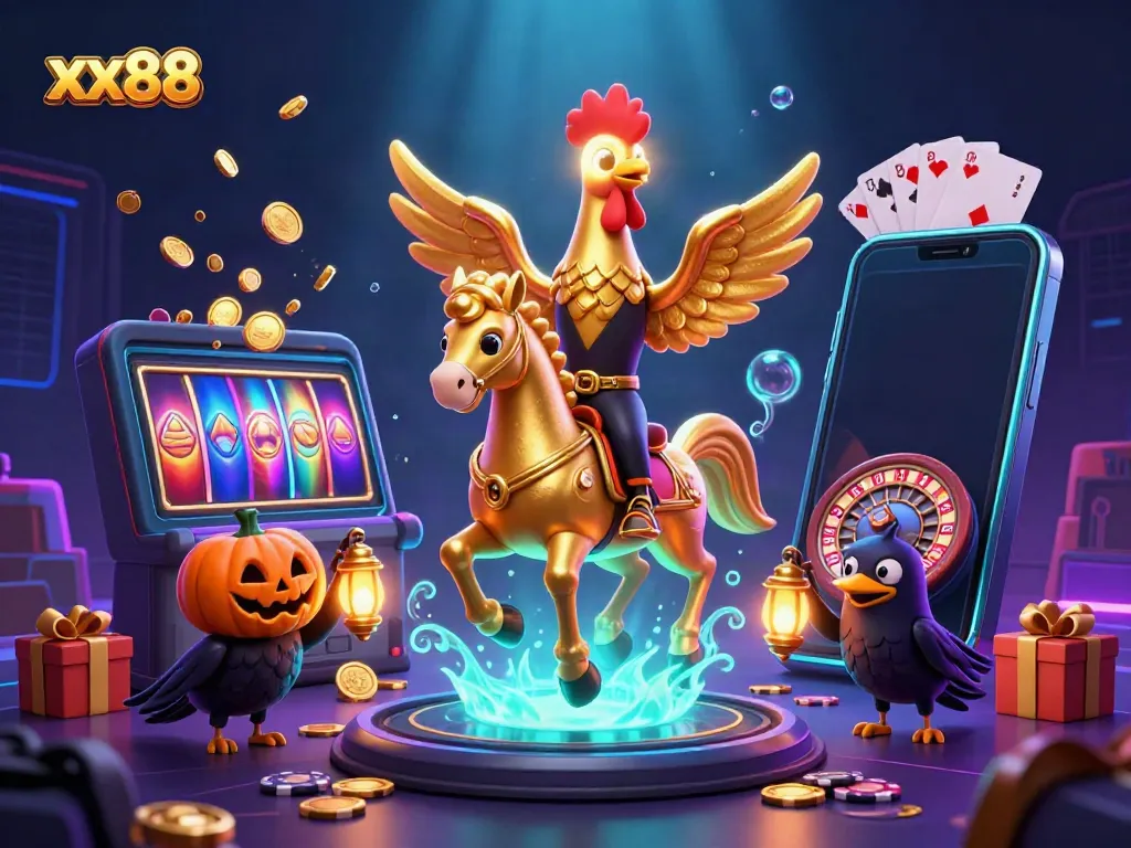 Spin vibrant slot games with xx88's magical golden rooster and crow companions.