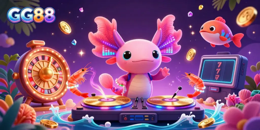 Experience the excitement of GG88 with vibrant 3D characters and casino elements celebrating underwater gaming.