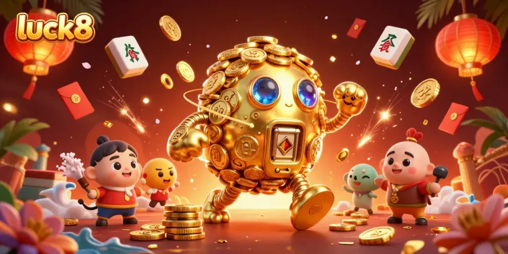 Experience the excitement of luck8 with a golden golem surrounded by vibrant casino elements.