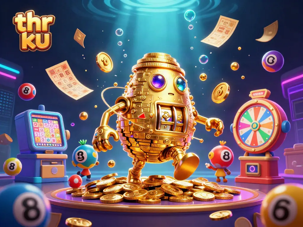 Engage with thrilling gameplay at thr ku with a vibrant illustration of a golden golem amidst lottery fun.