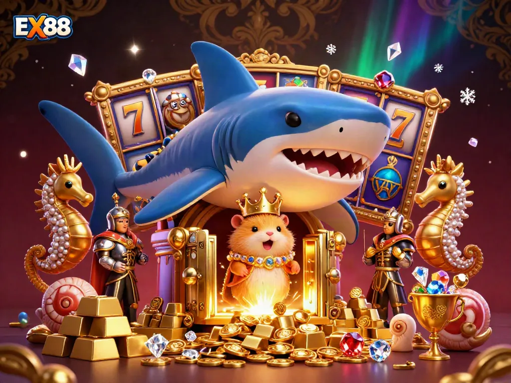 Experience the excitement of EX88 with a royal hamster king surrounded by treasures and slot game elements.