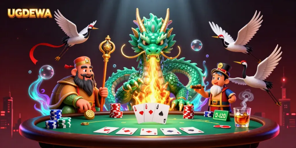 UGDEWA showcases a magical scene with a jade dragon, turtle sage, and lucky cranes amidst a vibrant casino environment.