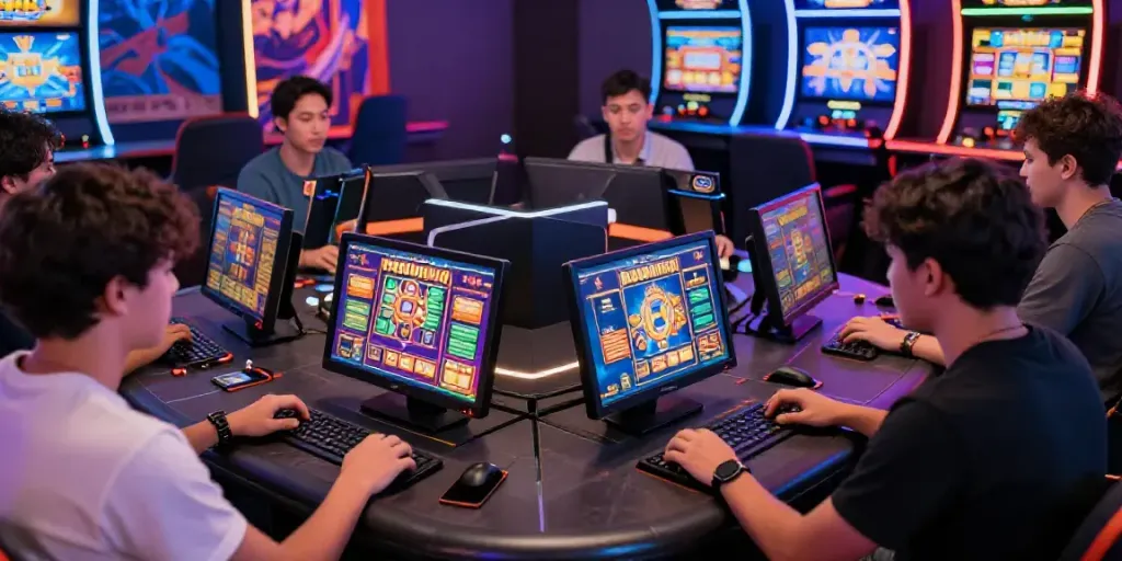 Exciting online gaming scene featuring players engaged in psgslot games with vibrant screens.