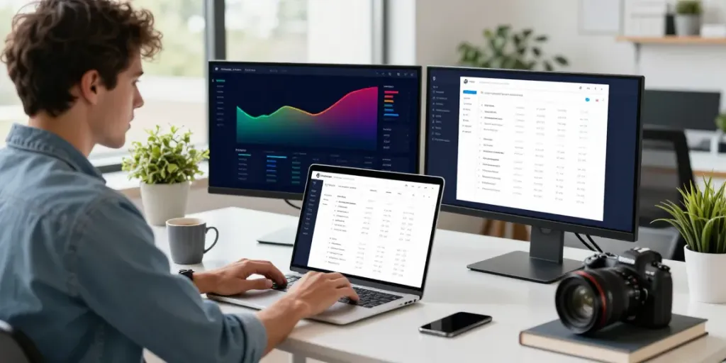 SEO specialist analyzing instant indexing data in a modern digital workspace