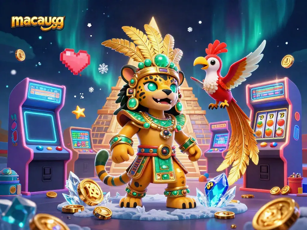 Engage with macaugg's vibrant casino world through an animated Mayan scene of winning spins and colorful game elements.