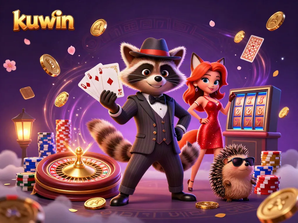 Experience thrilling games at kuwin with a suave raccoon, glamorous fox, and bouncer amidst magical casino elements.