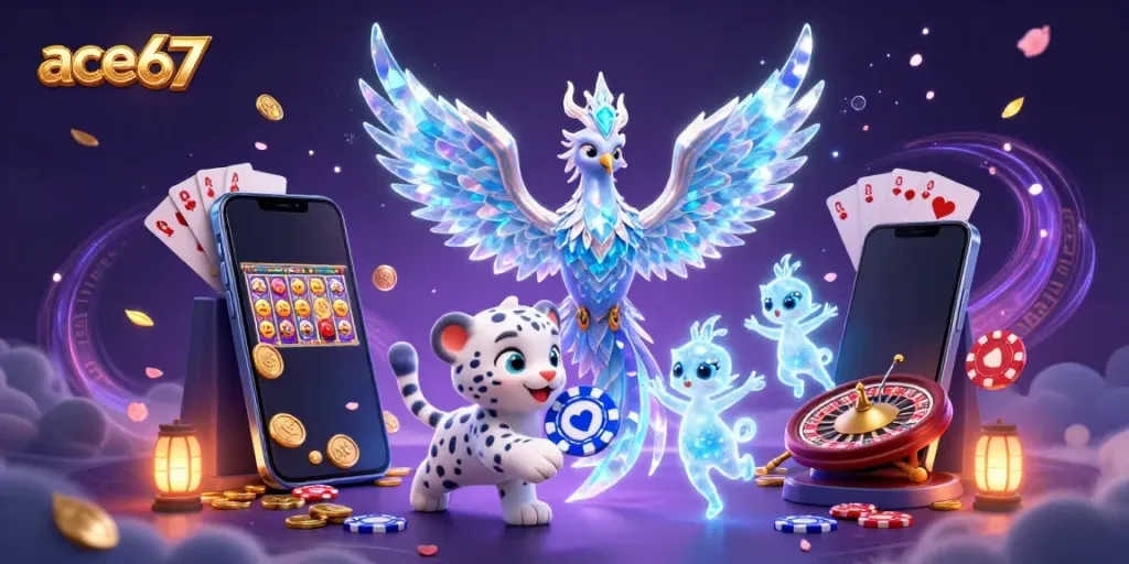 Unleash winning potential with ace67 in an enchanting casino scene featuring a captivating ice phoenix.