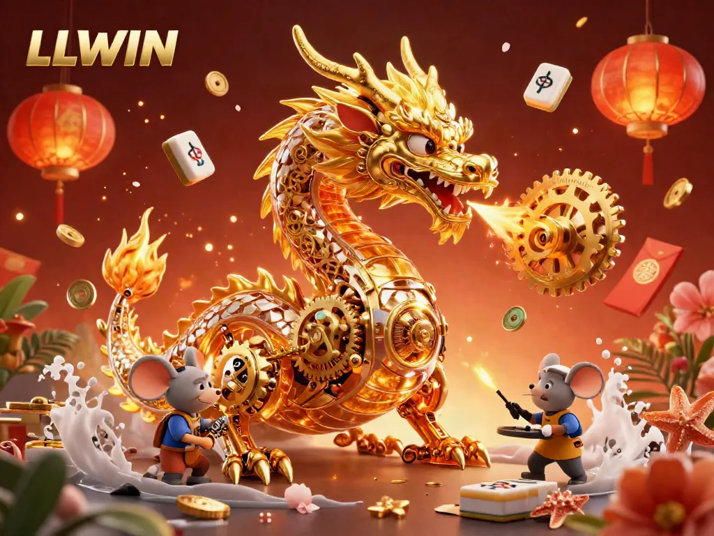 Experience the thrill at LLWIN as the golden dragon breathes gears, surrounded by gaming symbols in a vibrant 3D scene.