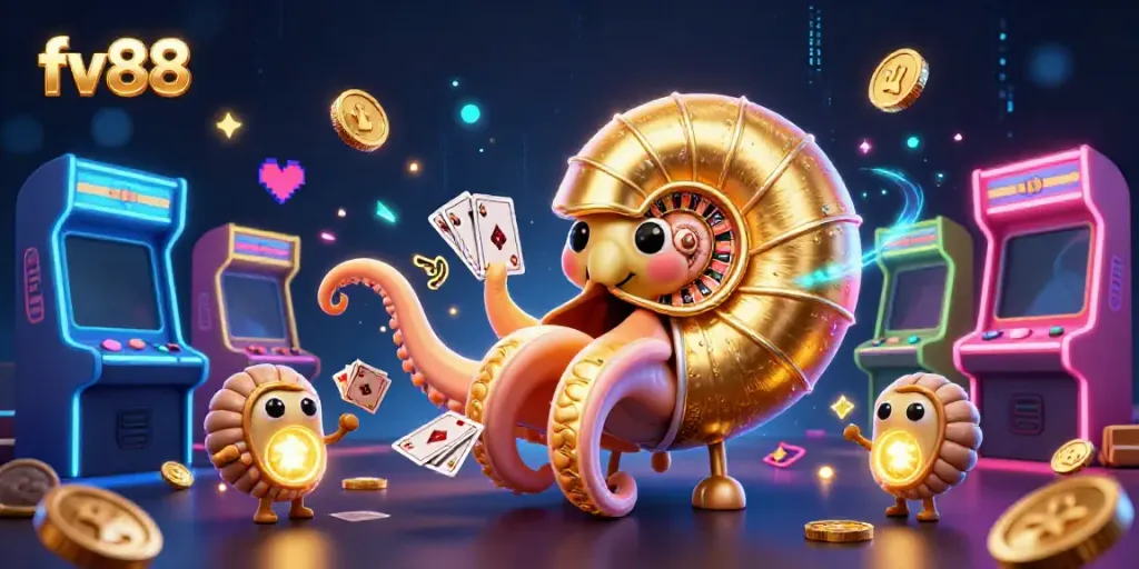 Engage in thrilling gameplay with fv88's immersive casino scene featuring vibrant 3D characters and game elements.