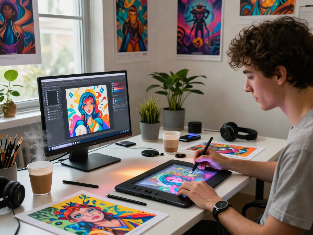 Artist creating vibrant NSFW AI-generated artwork in a creative studio.