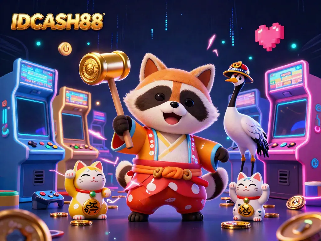 Experience the vibrant energy of IDCASH88 with joyous tanuki and fortune cats amidst a dynamic casino scene.