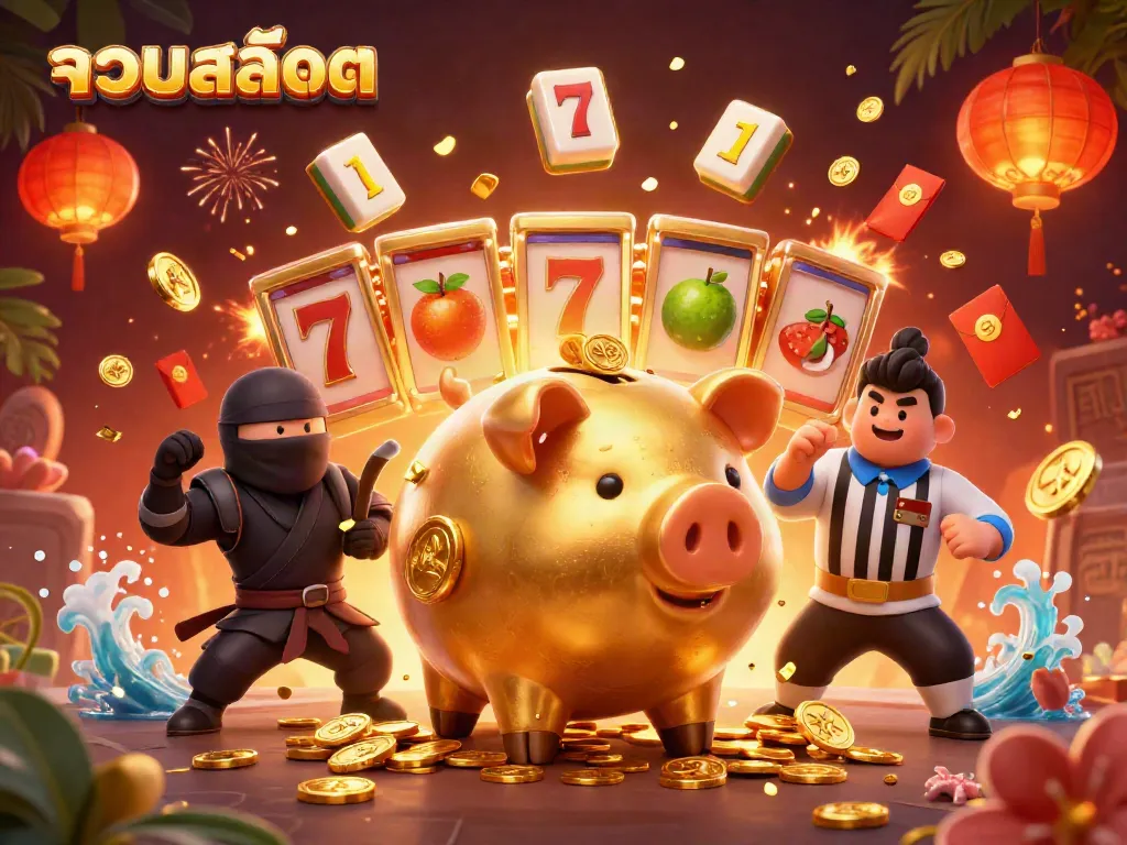 Experience exciting slot games with รวมสล็อต featuring a golden piggy bank sumo wrestler surrounded by dynamic gaming elements.