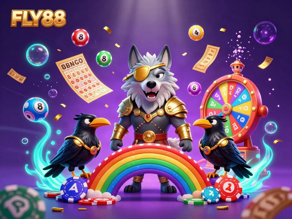 Join the FLY88 adventure with Odin and his ravens in this exciting casino-themed scene filled with luck!