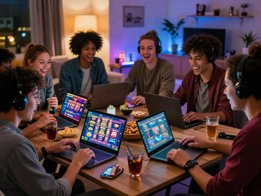 Group enjoying online slot games at https://da88z.net/ in a cozy urban apartment.