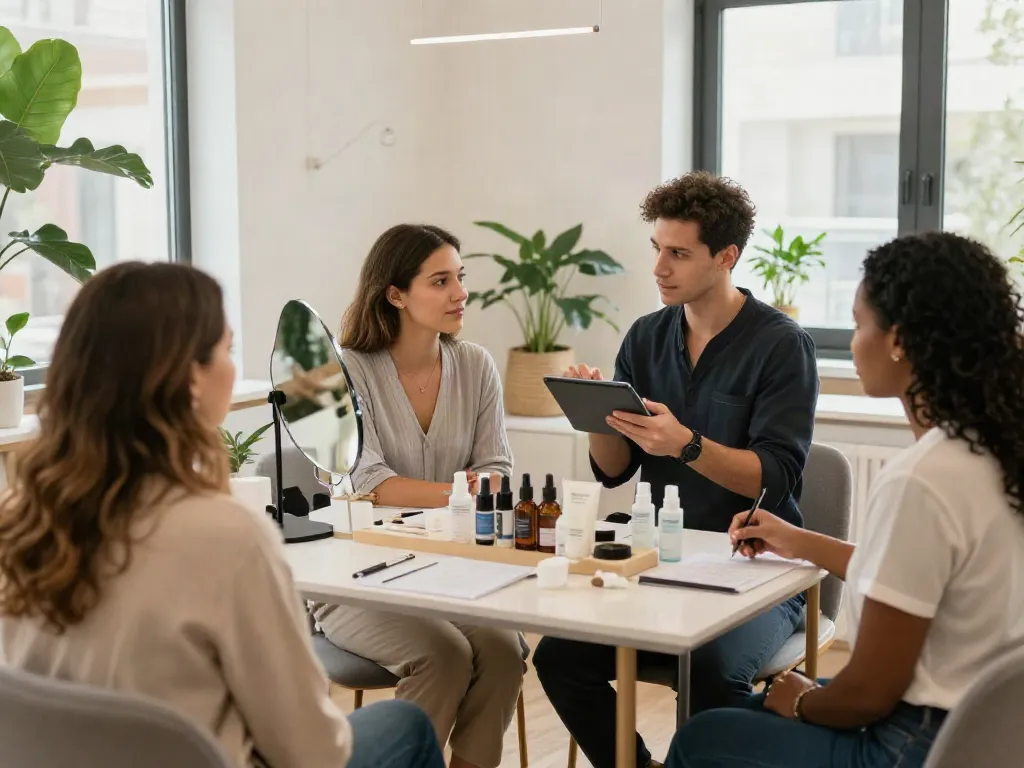 Consultation on alternatives to QOVES with facial analysis specialists in a welcoming beauty lounge.