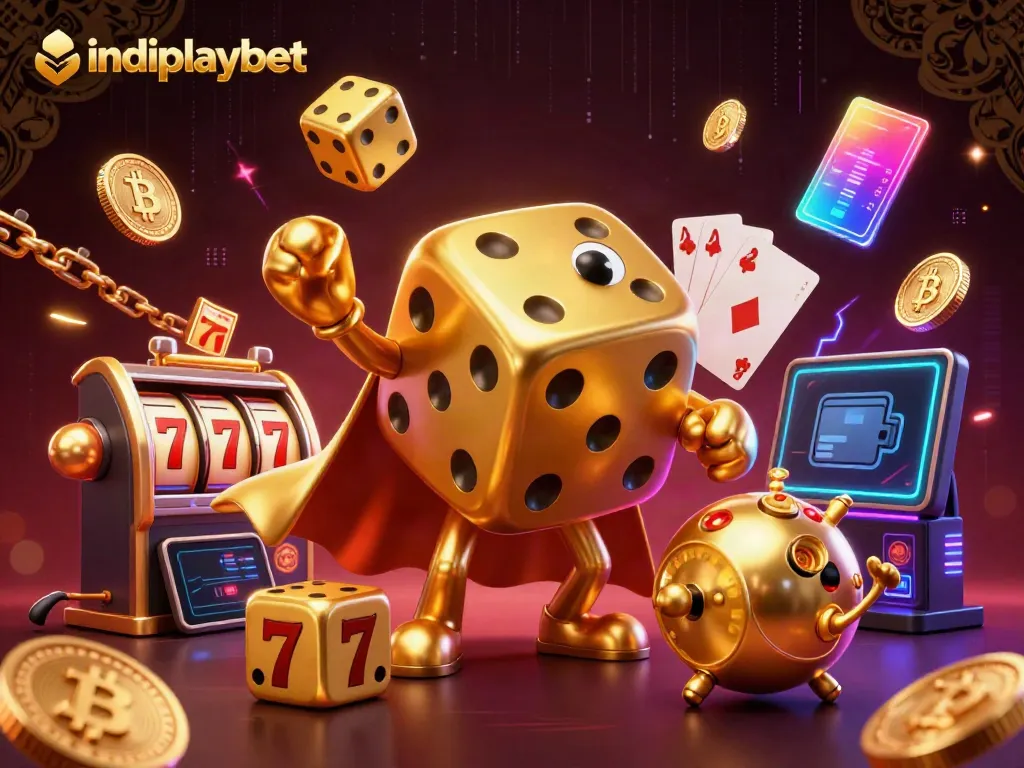 Menyaksikan permainan menyenangkan di Indoplaybet dengan dadu emas raksasa dan uang kripto berkilauan.