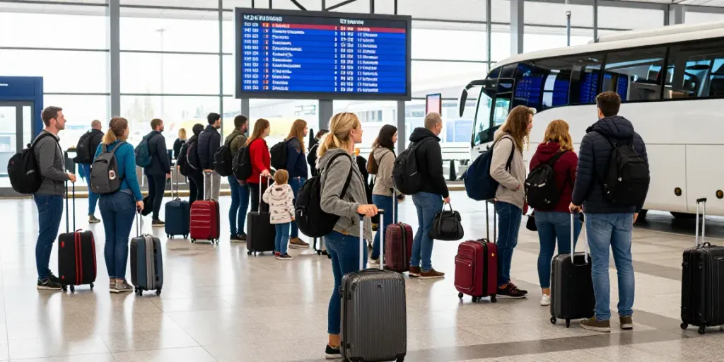 Transport internațional Moldova - pasageri așteptând autobuzul pentru Europa, atmosferă vibrantă la terminal.
