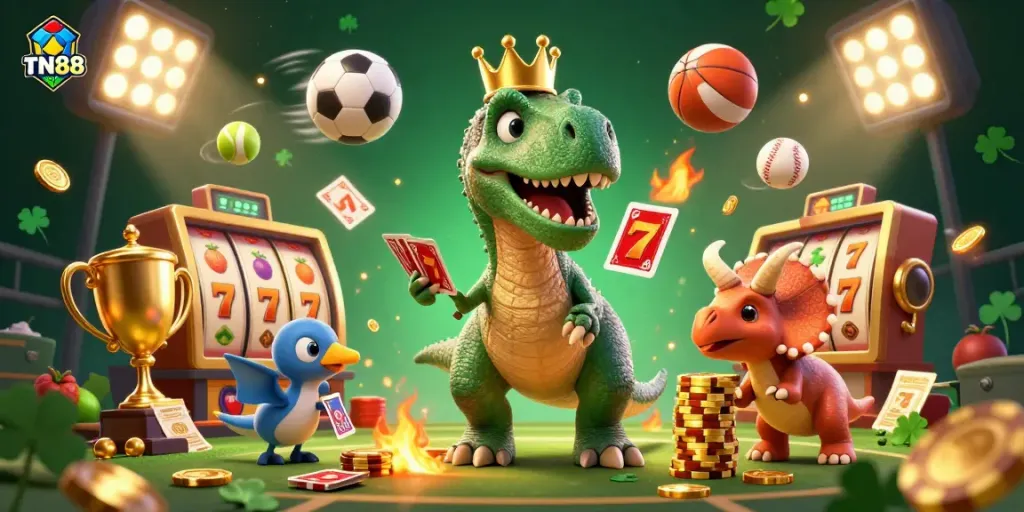 Experience the thrill of TN88 with a whimsical T-Rex dealing cards while surrounded by vibrant casino symbols.