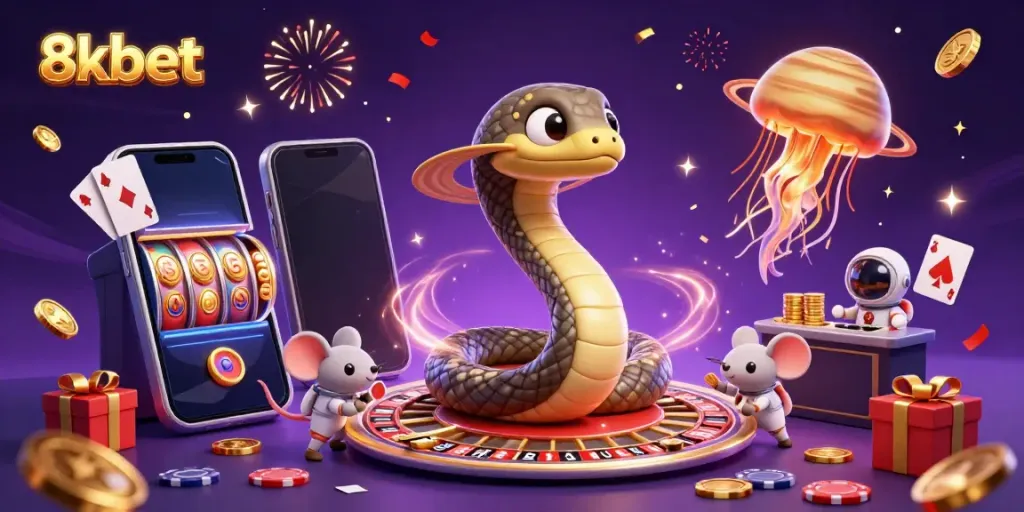 Experience thrilling gameplay with 8xbet featuring a cosmic casino scene, showcasing unique characters and dynamic elements.