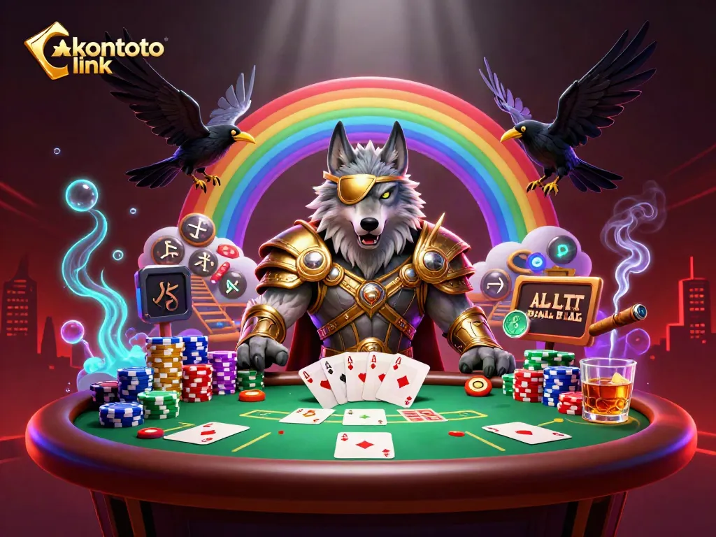 Menang di permainan dengan lakontoto link, menggambarkan Odin dan dua ravennya di dunia kasino.