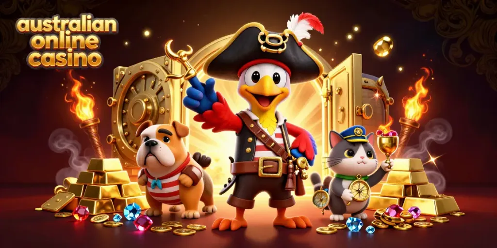 Engaging scene showcasing cartoon characters in a vibrant australian online casino themed illustration.