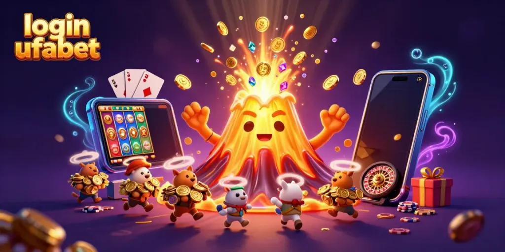Experience excitement with login ufabets dynamic gaming scene, featuring golden treasure eruptions and playful explorer animals.