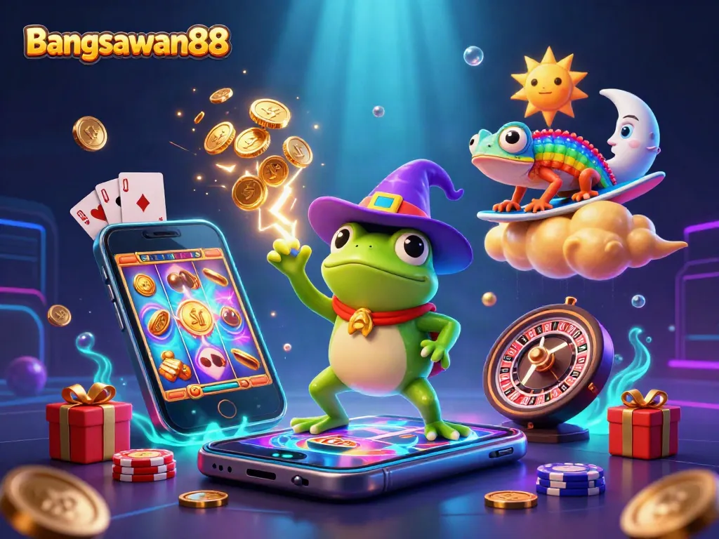 Bangsawan88 showcases a vibrant 3D scene with a wizard frog conjuring golden coins amidst casino elements, radiating excitement.