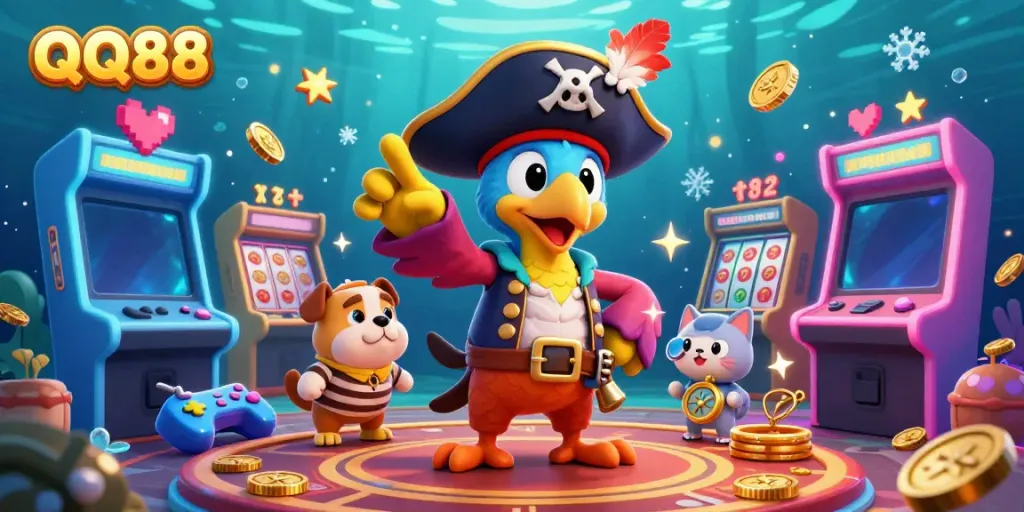 Engage with QQ88's vibrant, fun-filled online gaming environment with colorful game elements and characters.