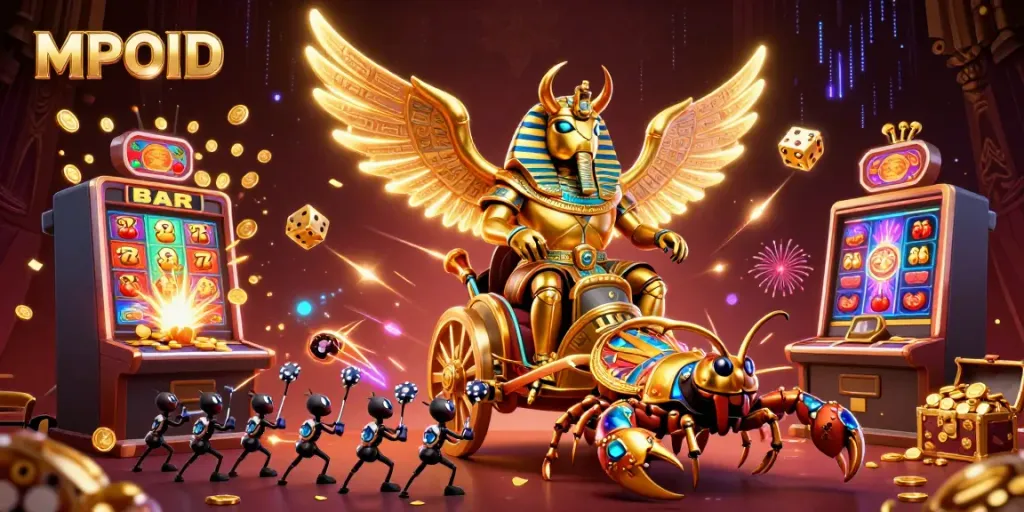MPOID showcases a golden scarab beetle in a pharaoh chariot amid vibrant casino elements.