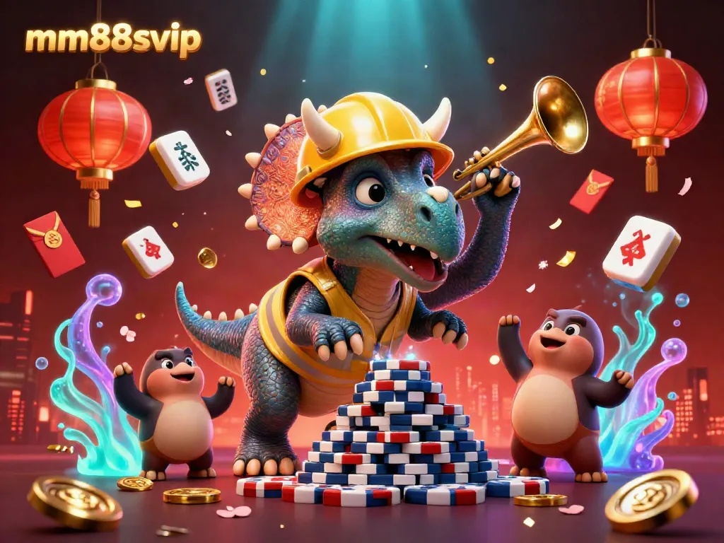 Engage in the thrilling world of mm88svip with vibrant characters building poker chip pyramids in a colorful casino scene.