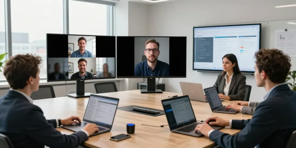 Deepfake protected Conferencing team engaged in a secure virtual meeting in a modern office.