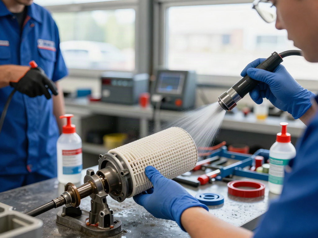 Professionelle DPF Reinigung im Autohaus, Technikern bei der Arbeit.