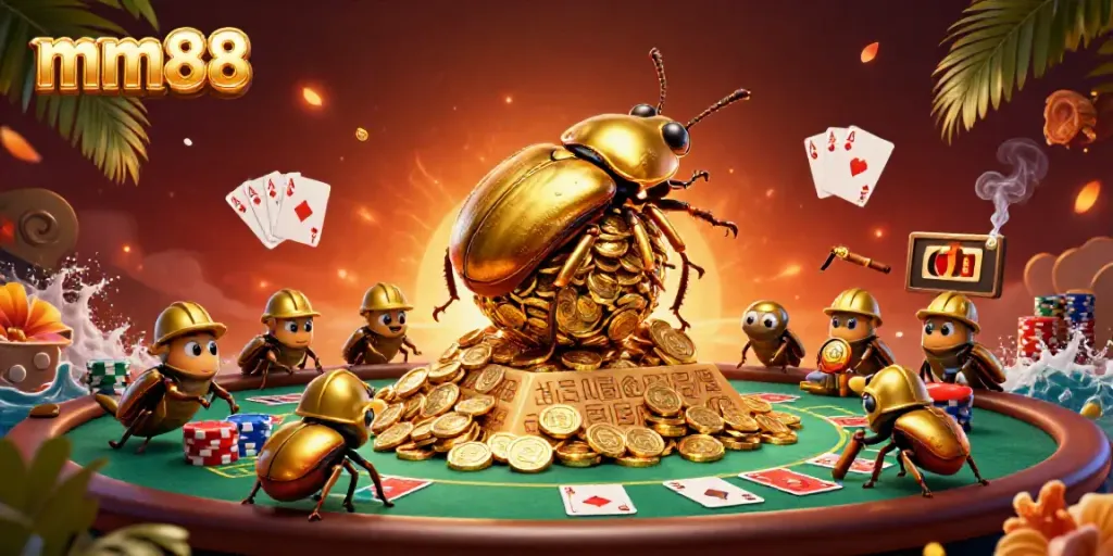 Engage with mm88 in a vibrant casino scene, featuring golden beetles and dynamic poker elements.
