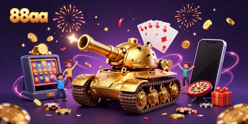 Engage in thrilling 88aa adventures with a golden beetle tank, showcasing vibrant casino elements and excitement.