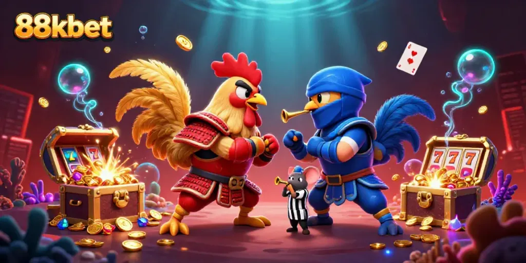 Engage with thrilling 88kbet casino action featuring dynamic twin roosters in combat amidst vibrant game elements.