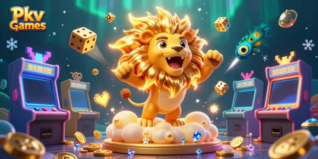 Engage with thrilling experiences at Pkv Games as a triumphant lion roars amidst vibrant arcade action.